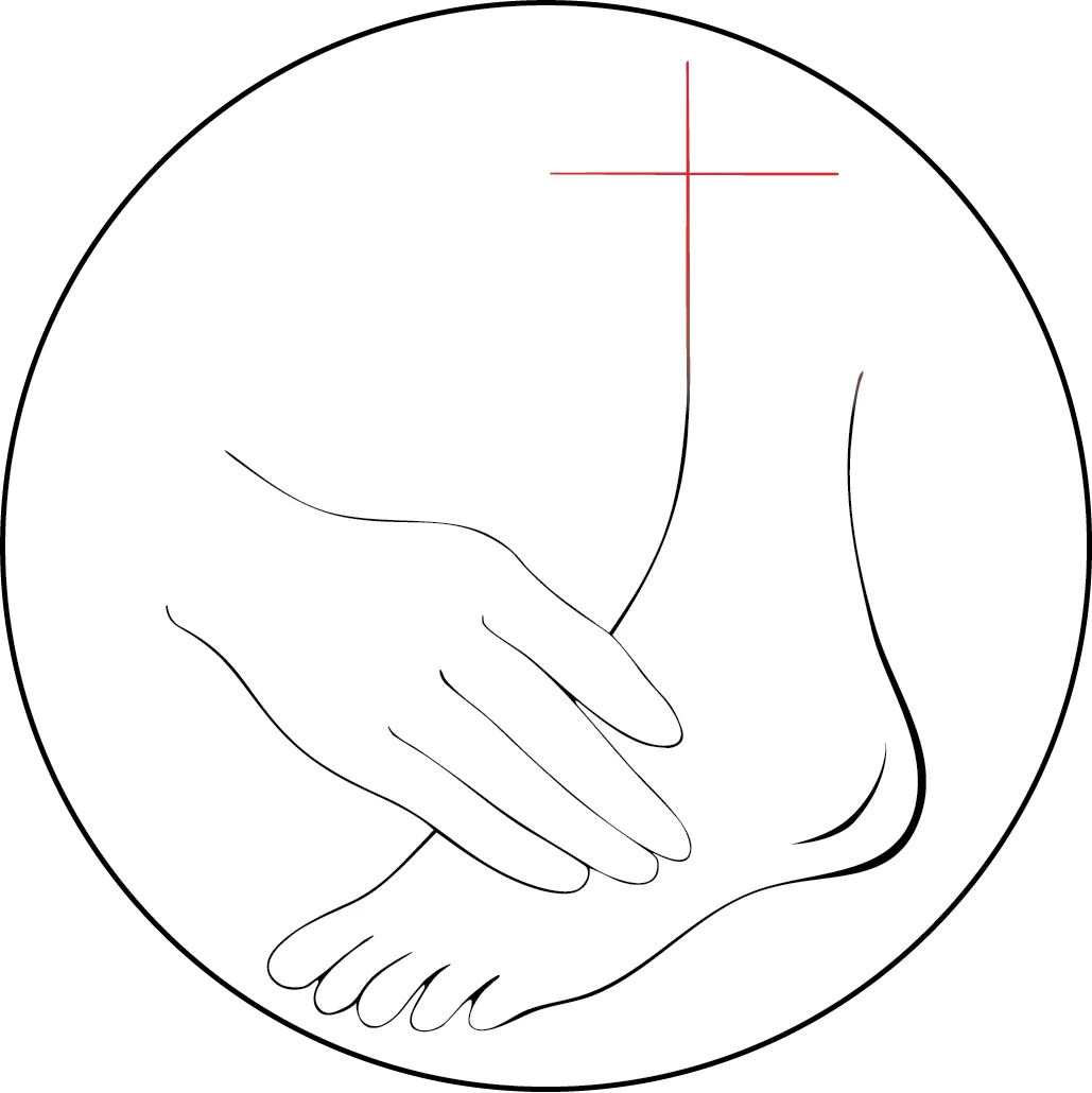 Logo of HNRach Ministries featuring a minimalist line drawing of a hand touching a foot, symbolizing healing and service, with a red cross subtly integrated above the foot.